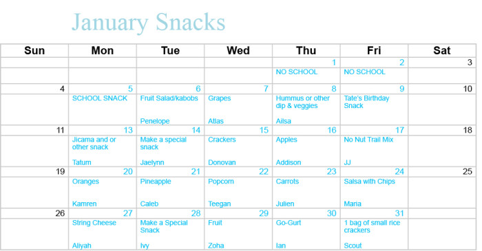 january 2015 snack calendar