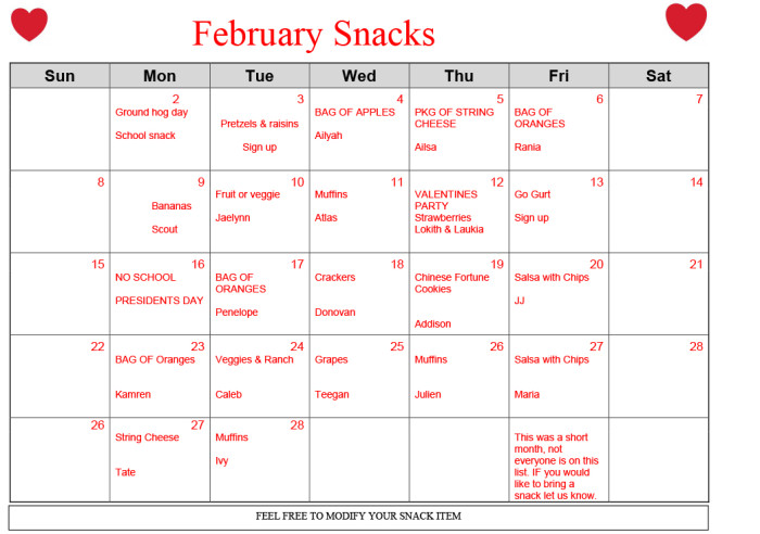 FEBRUARY 2015 snack calendar