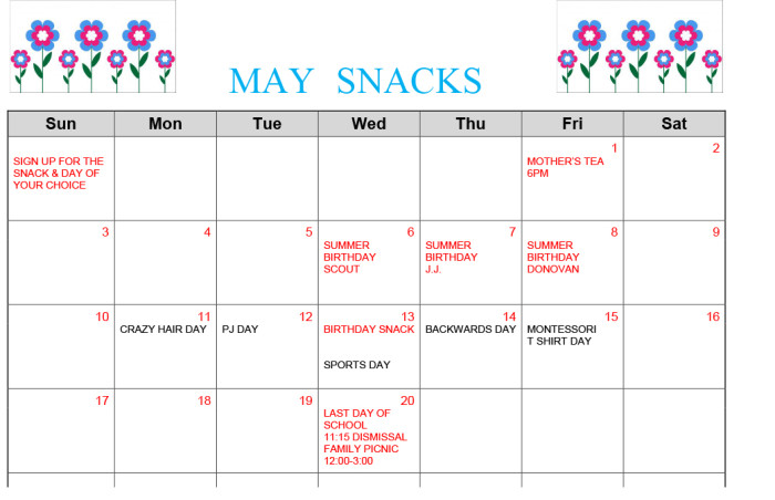 MAY 2015 snack calendar