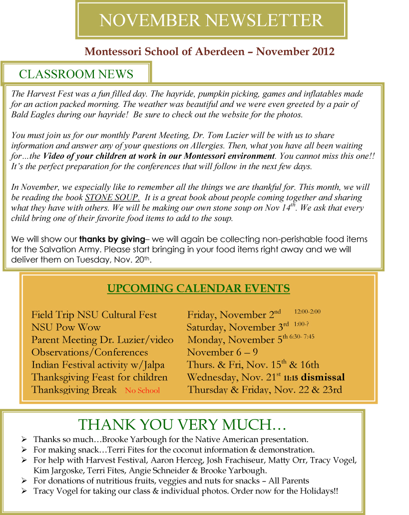 November Newsletter – Montessori School of Aberdeen, SD